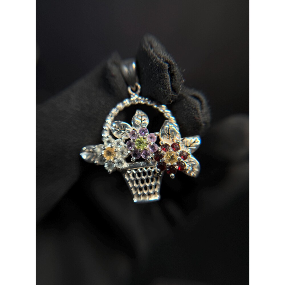 Sterling Silver 925 Multi Gem Flower Basket Pendant Garnet Amethyst Topaz Perido